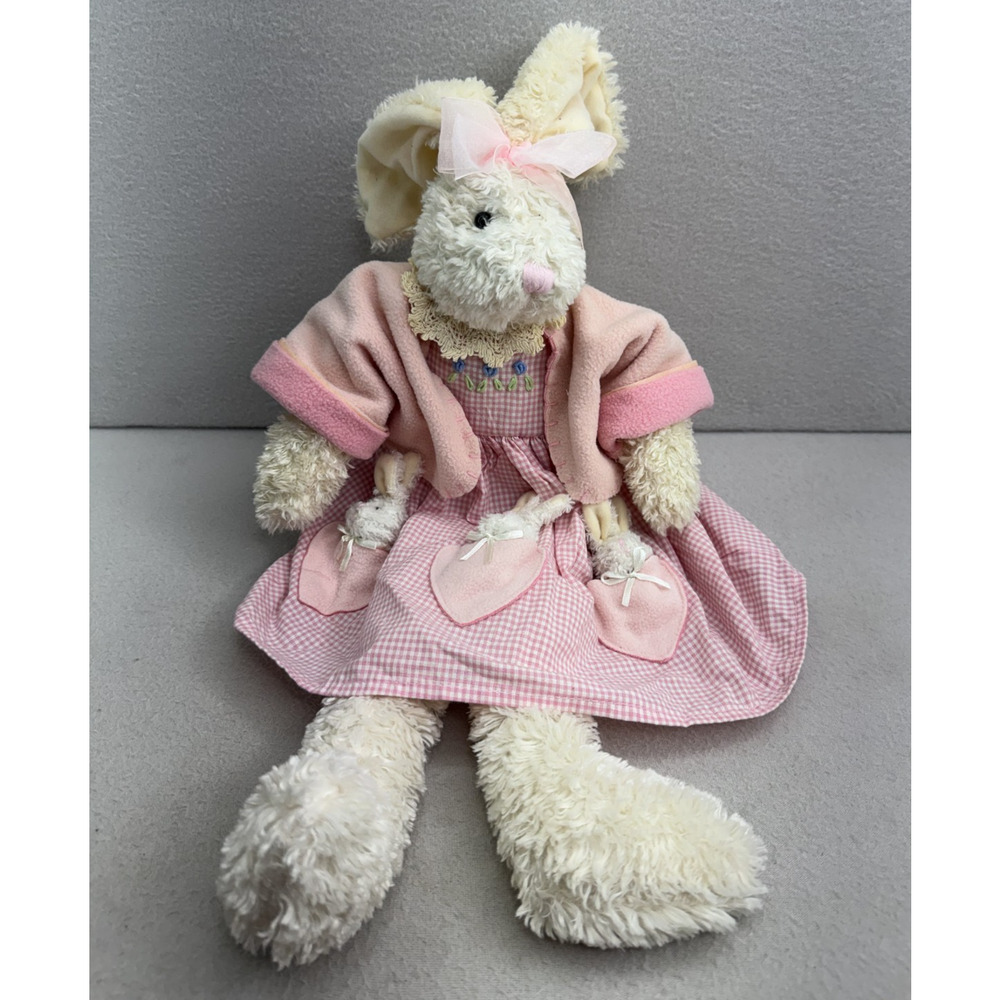 VTG Bunny Rabbit Plush Shelf Sitter 21" Pink Gingham Easter Decor Toy Cottagecor